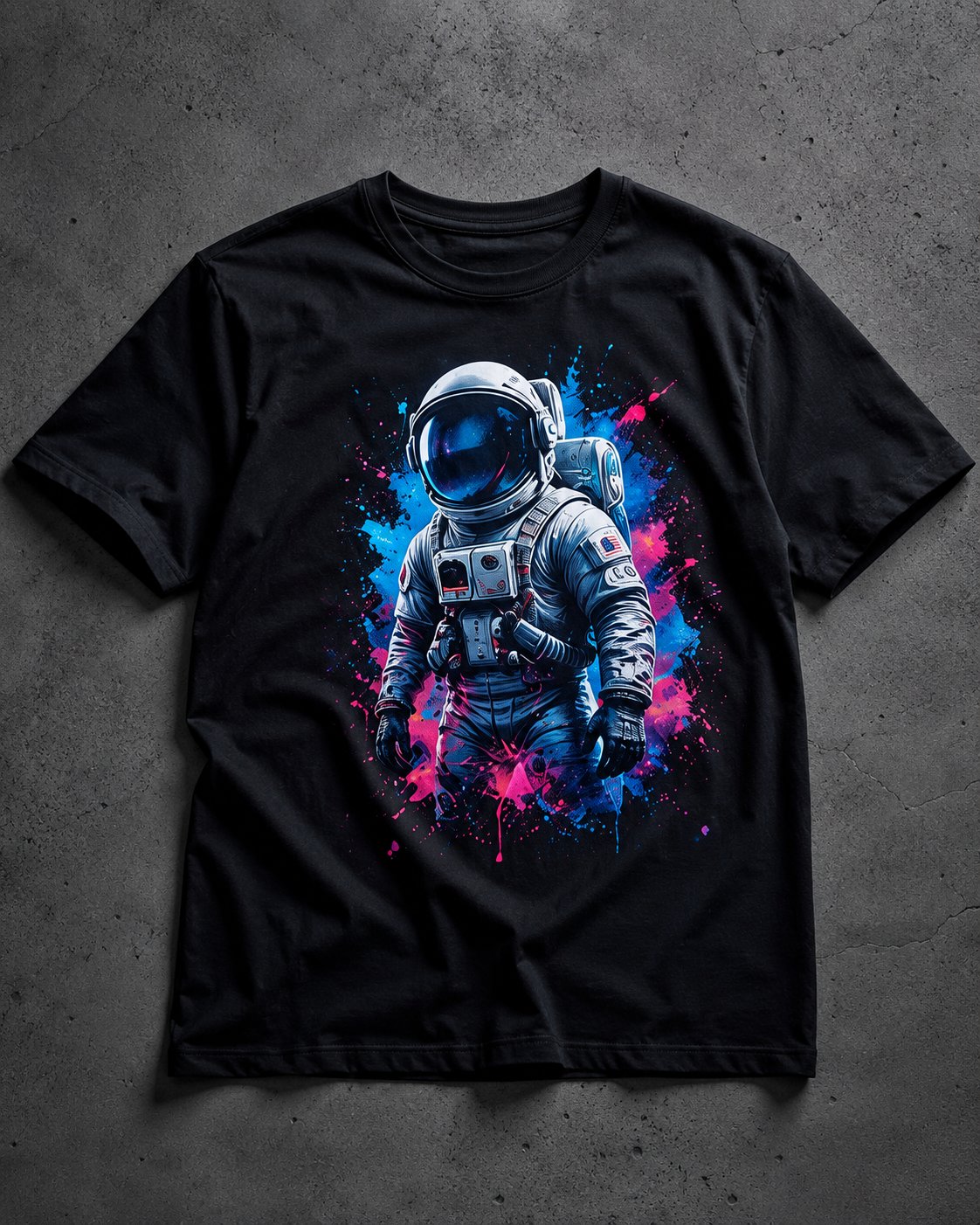 Custom DTF printed black t-shirt with astronaut design