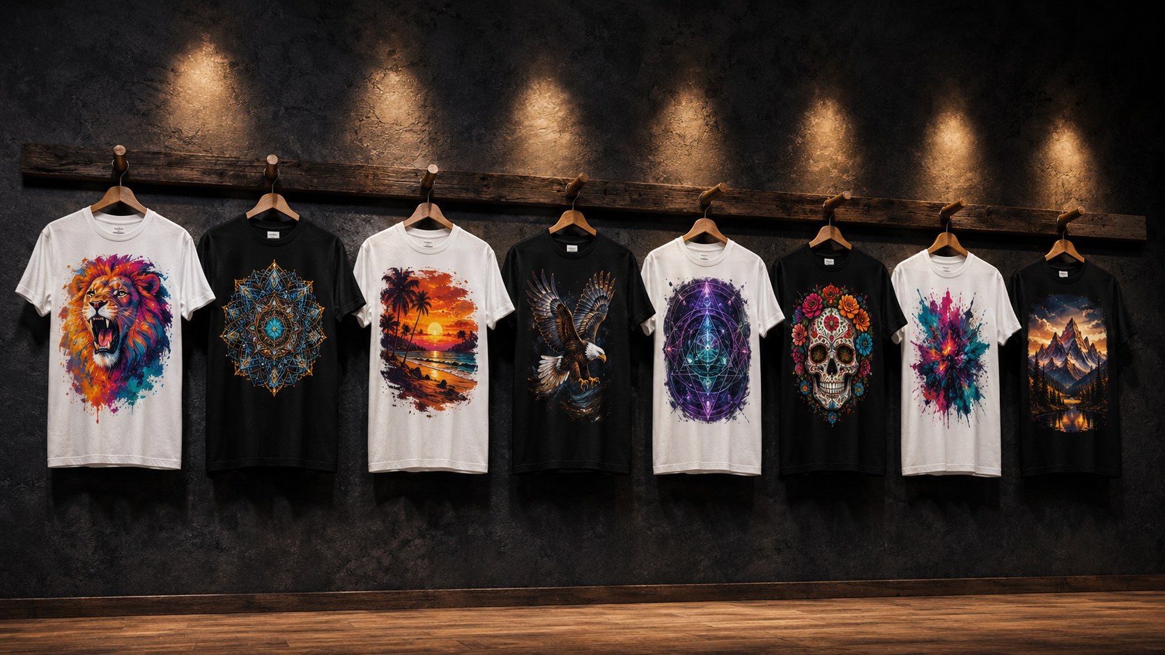 Custom DTF printed t-shirts displayed on a wall rack showing vibrant full-color designs