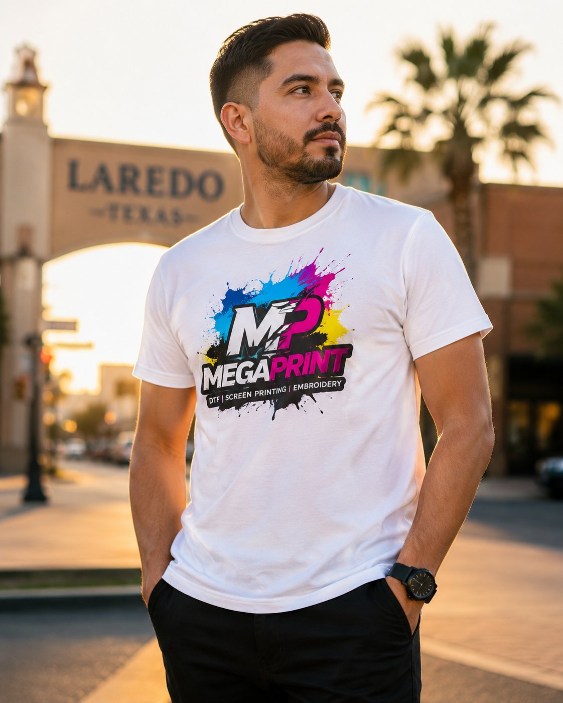 Man wearing custom DTF printed white t-shirt in Laredo Texas