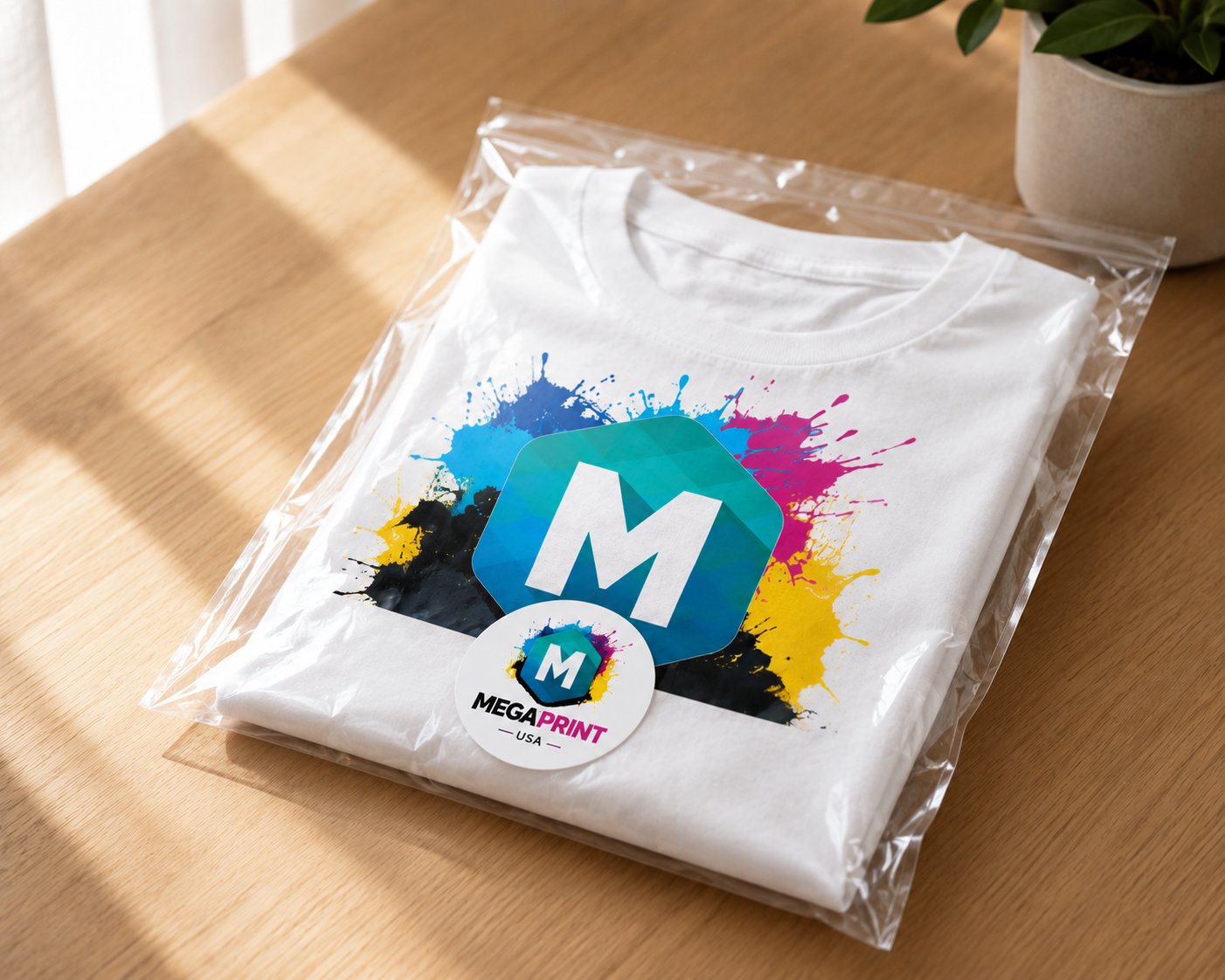 Custom DTF printed t-shirt packaged and ready for delivery by Megaprint USA
