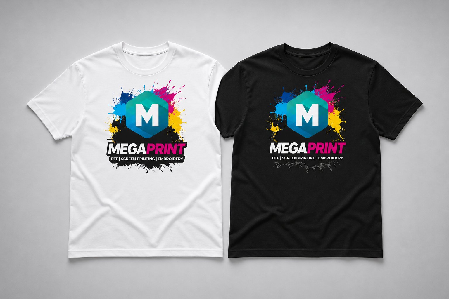 Custom DTF printed white and black t-shirts side by side by Megaprint USA