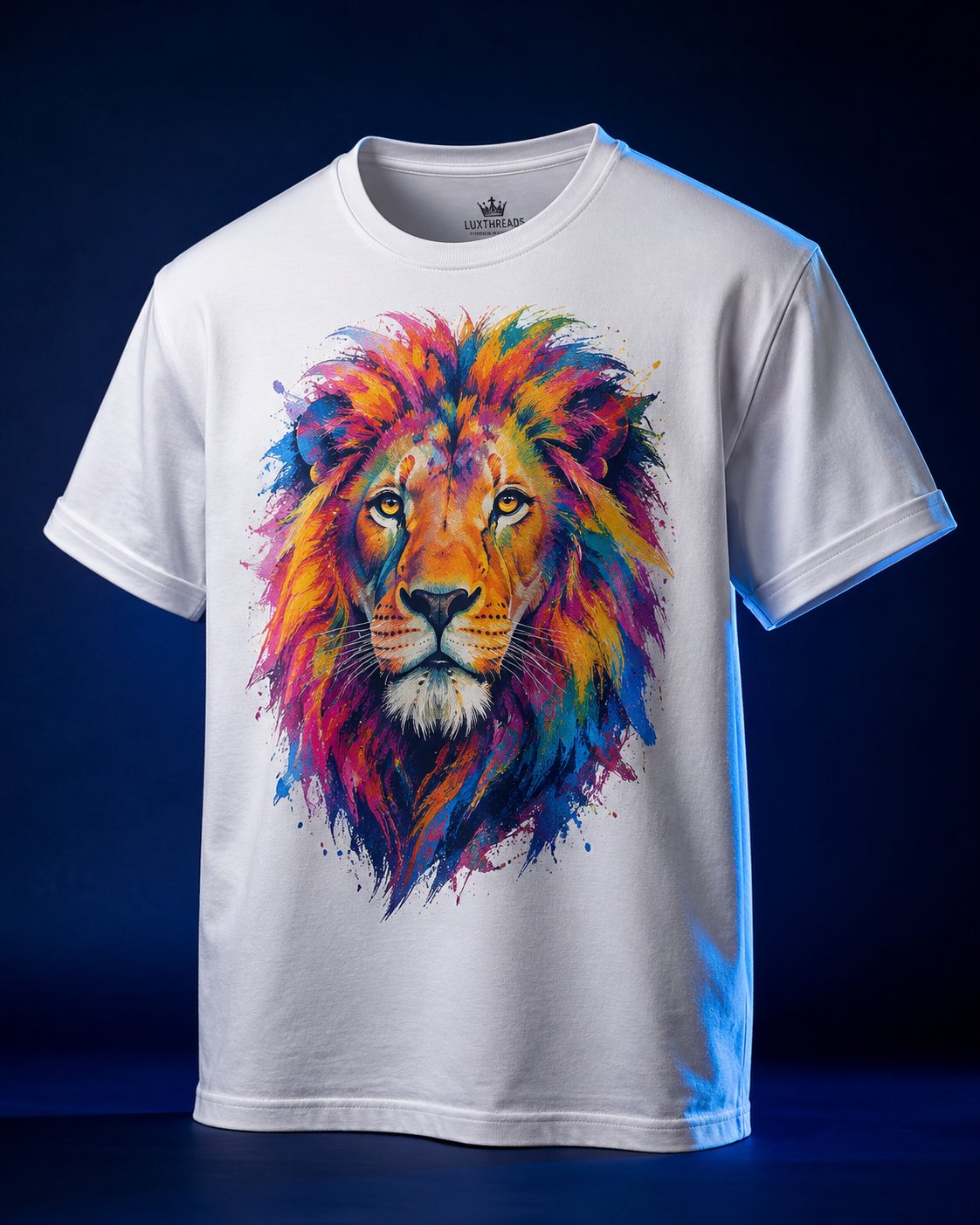 Custom DTF printed white t-shirt with colorful lion design