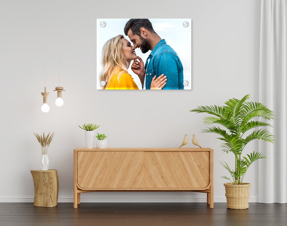Acrylic photo print mounted on a living room wall