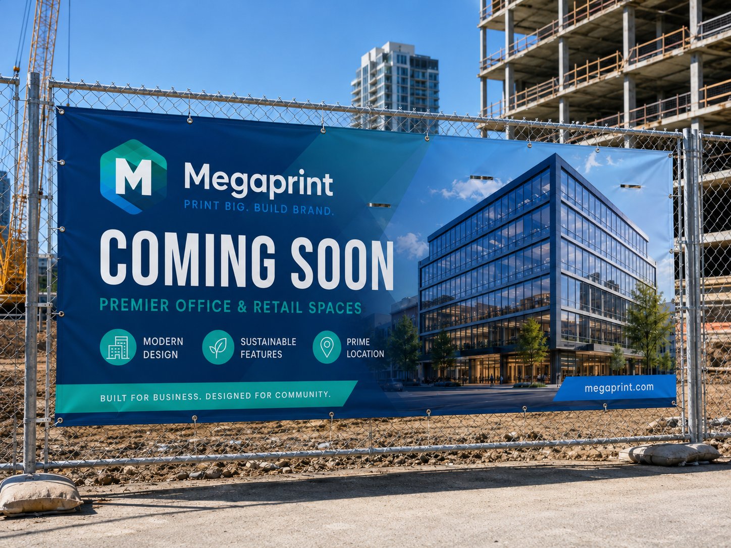 Full-color construction site fence banner with wind slits