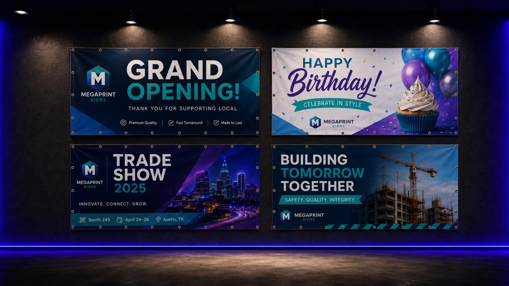 Full-color custom vinyl banners by Megaprint USA — grand opening, event, and business banners