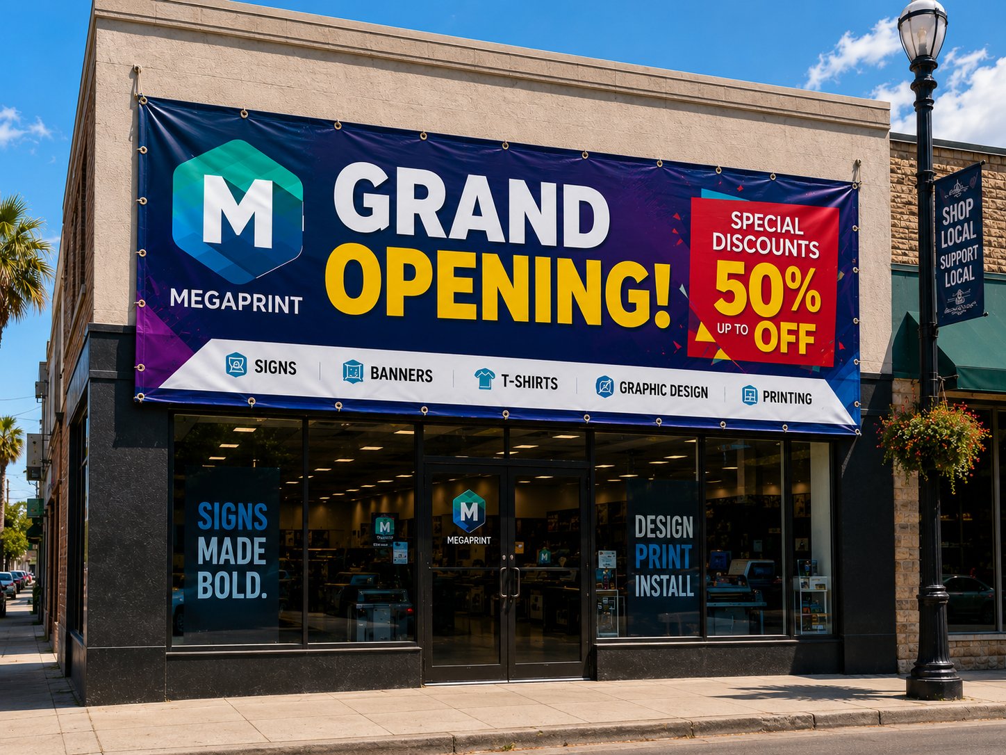 Full-color grand opening vinyl banner on retail storefront