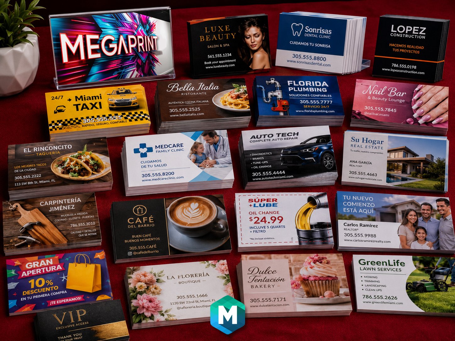 Glossy UV business cards and postcards for various businesses printed by Megaprint USA