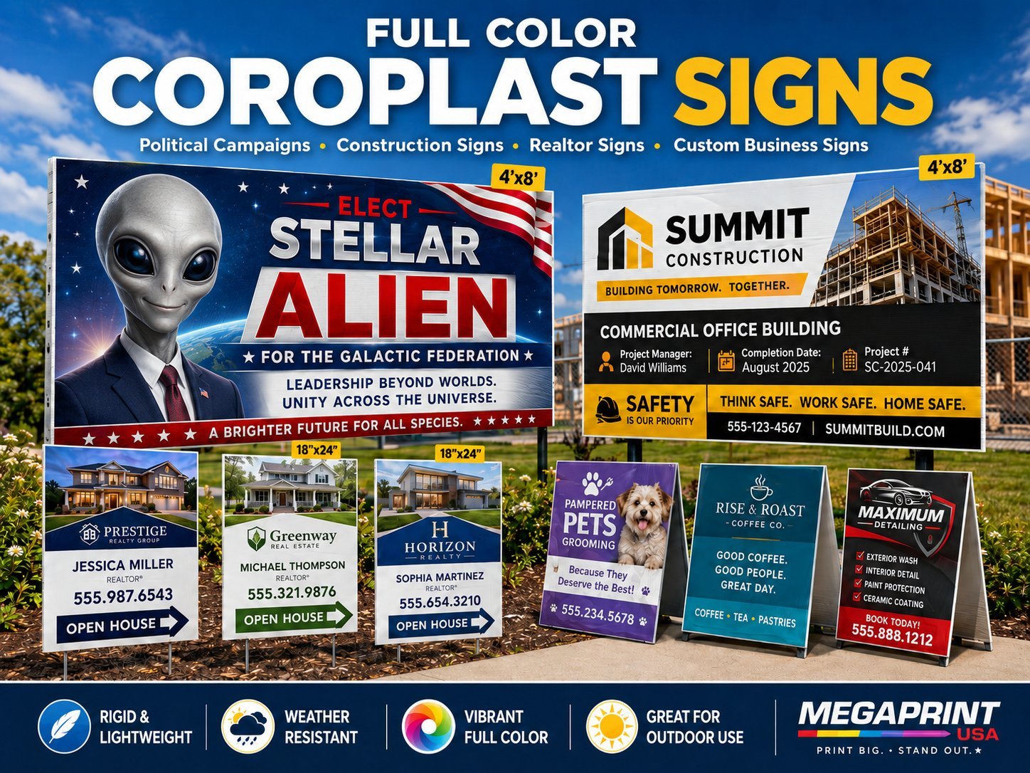 Full color coroplast and aluminum UV printed signs for construction, real estate, and small businesses