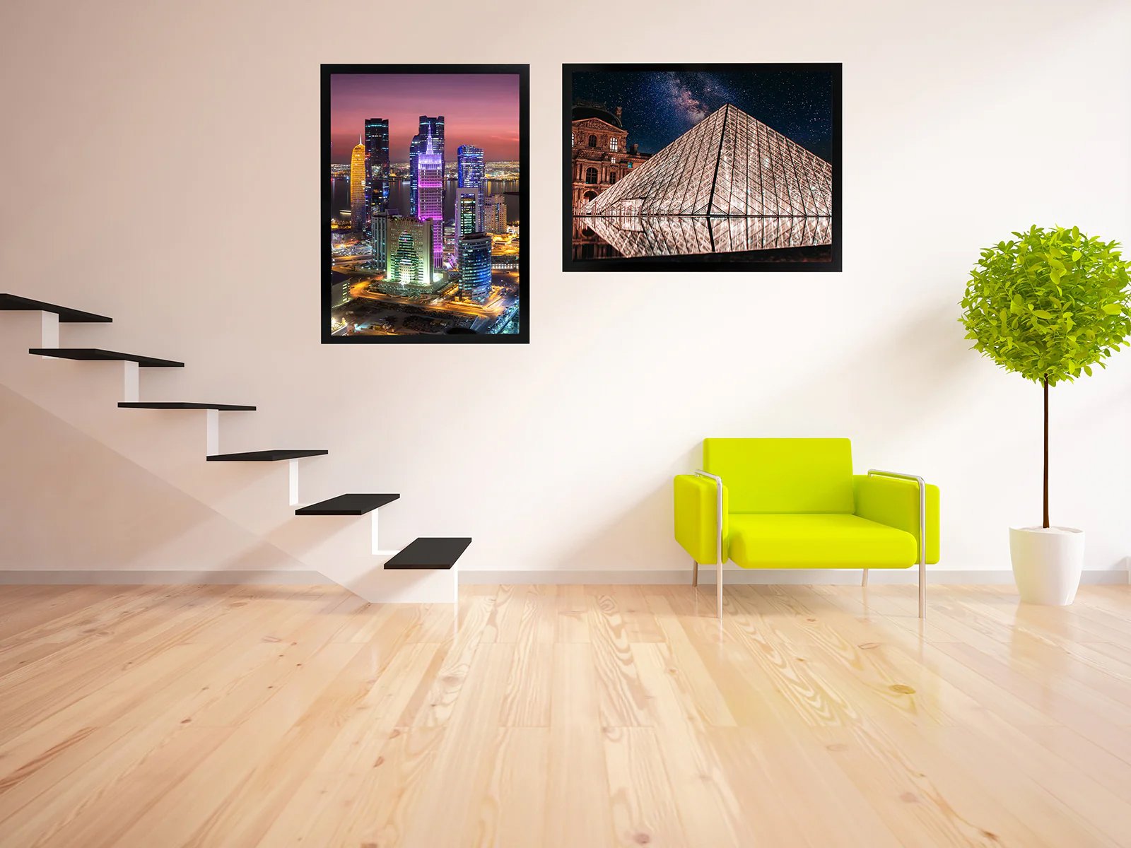 Framed poster prints displayed on a living room wall