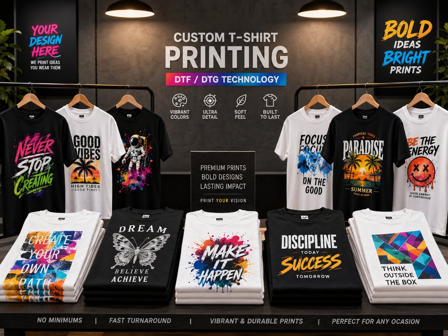 Custom DTF and DTG printed t-shirts display