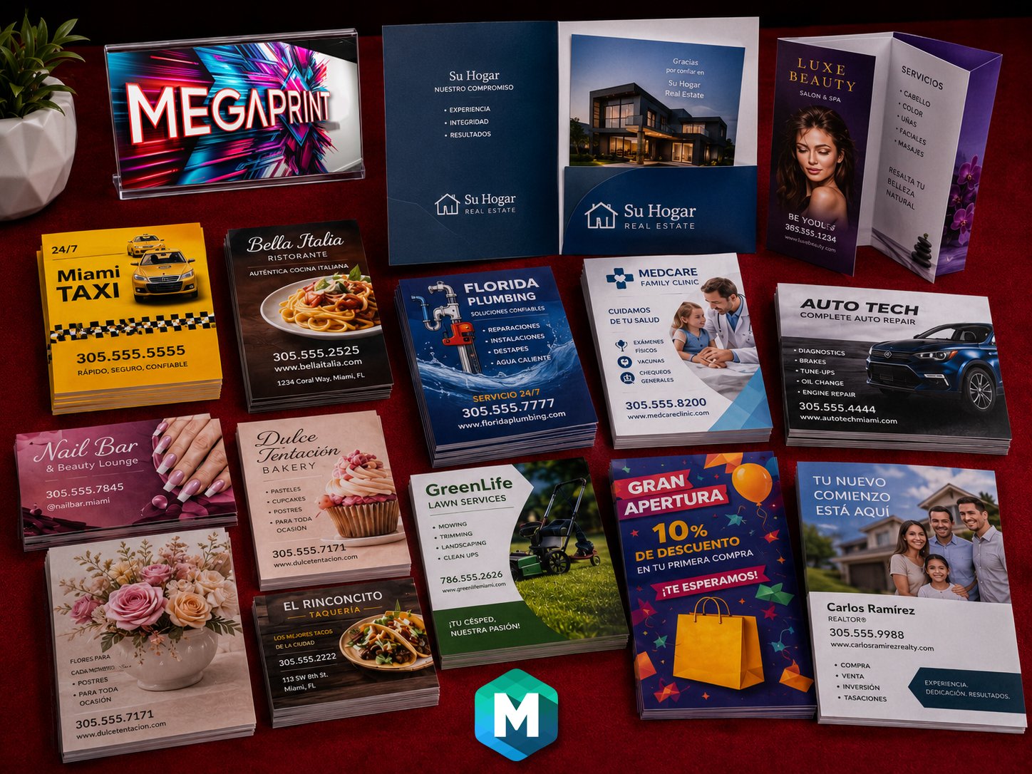Flyers, trifold brochures, and presentation folders printed by Megaprint USA