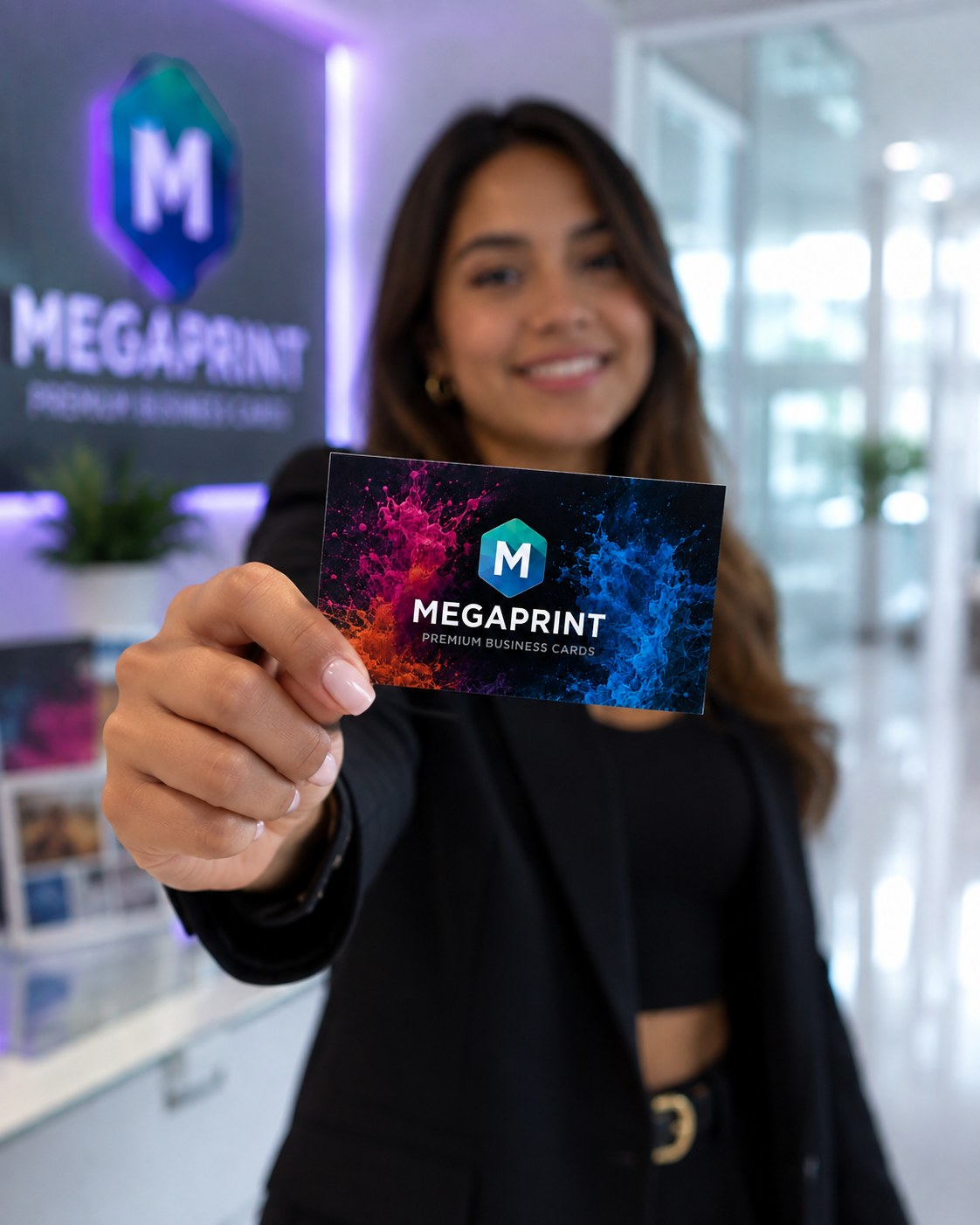 A businesswoman confidently presenting her new full-color Megaprint business card