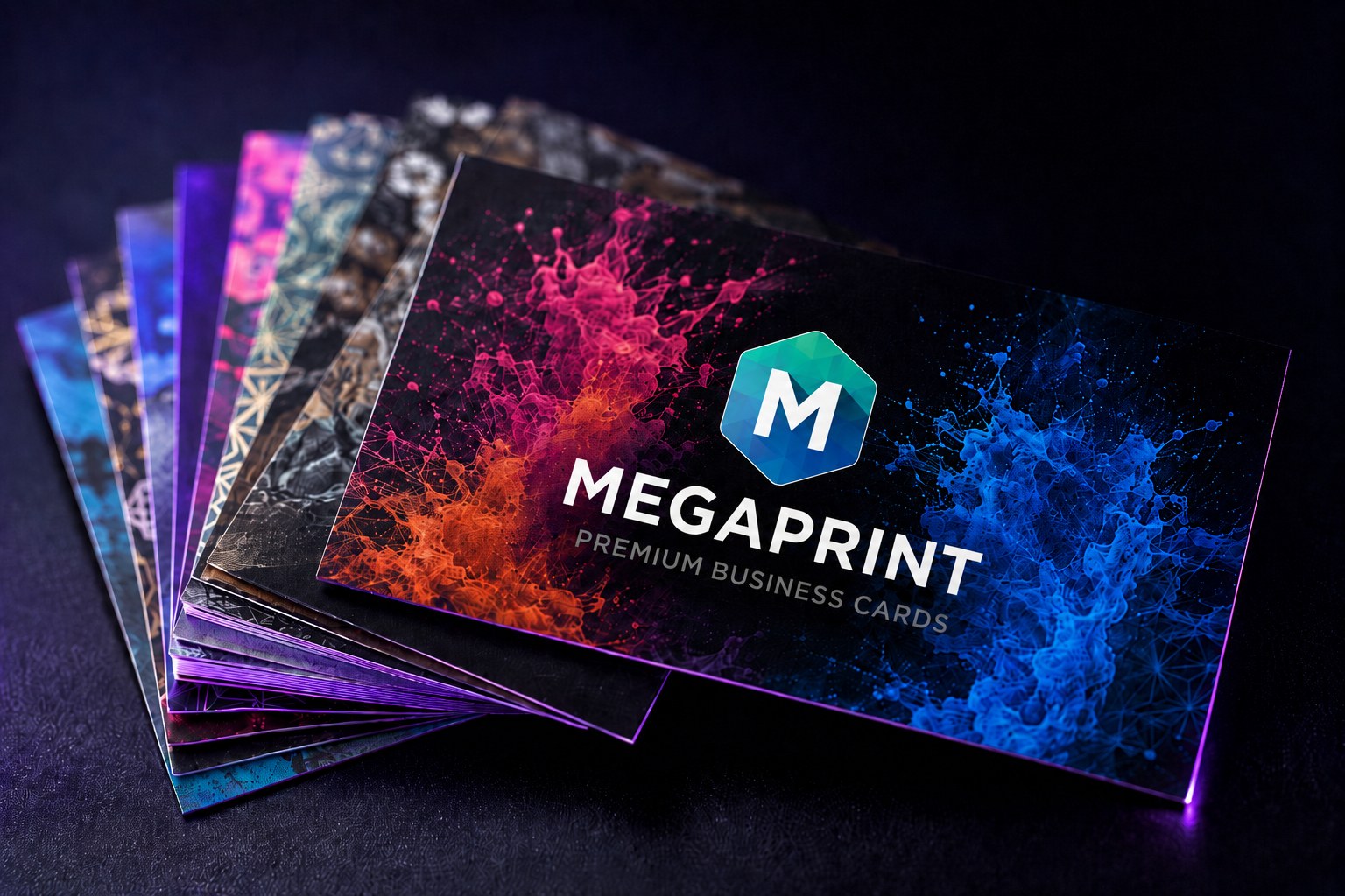 Fanned stack of premium full-color Megaprint business cards