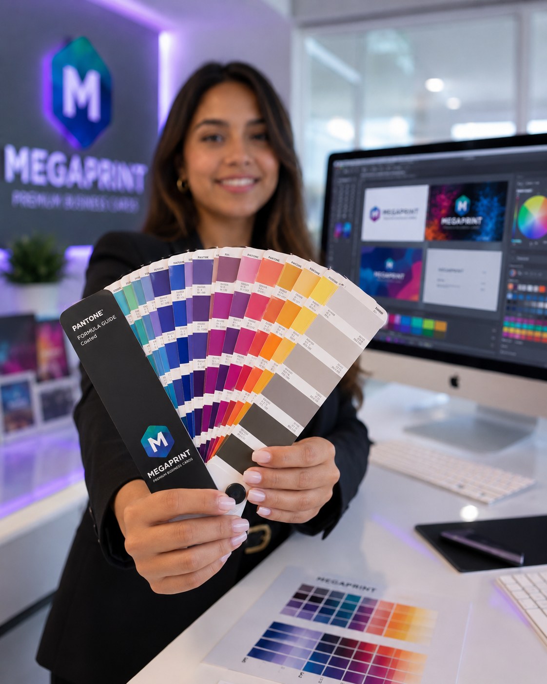 Megaprint designer matching vivid card colors against a Pantone color guide