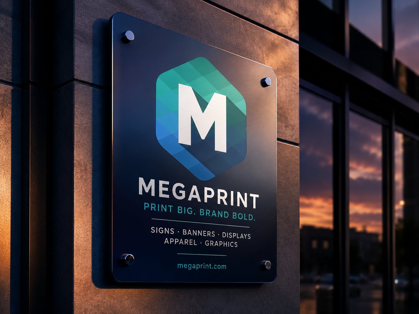 Premium UV printed aluminum sign mounted on commercial building exterior at sunset