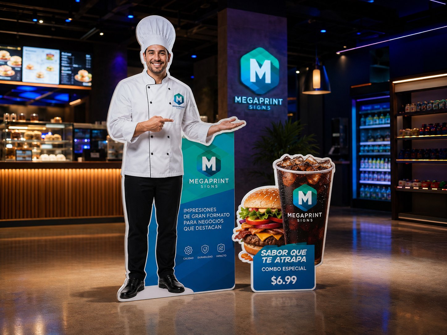 Life-size contour cut coroplast chef standee and food display in a restaurant setting by Megaprint USA