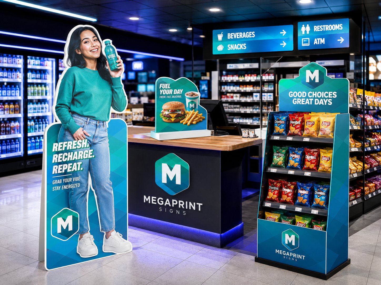 Contour cut coroplast displays including life-size standee and counter displays in a convenience store by Megaprint USA