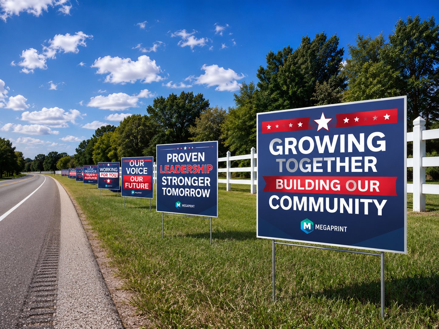 Full-color UV printed coroplast political campaign yard signs along a Texas roadside