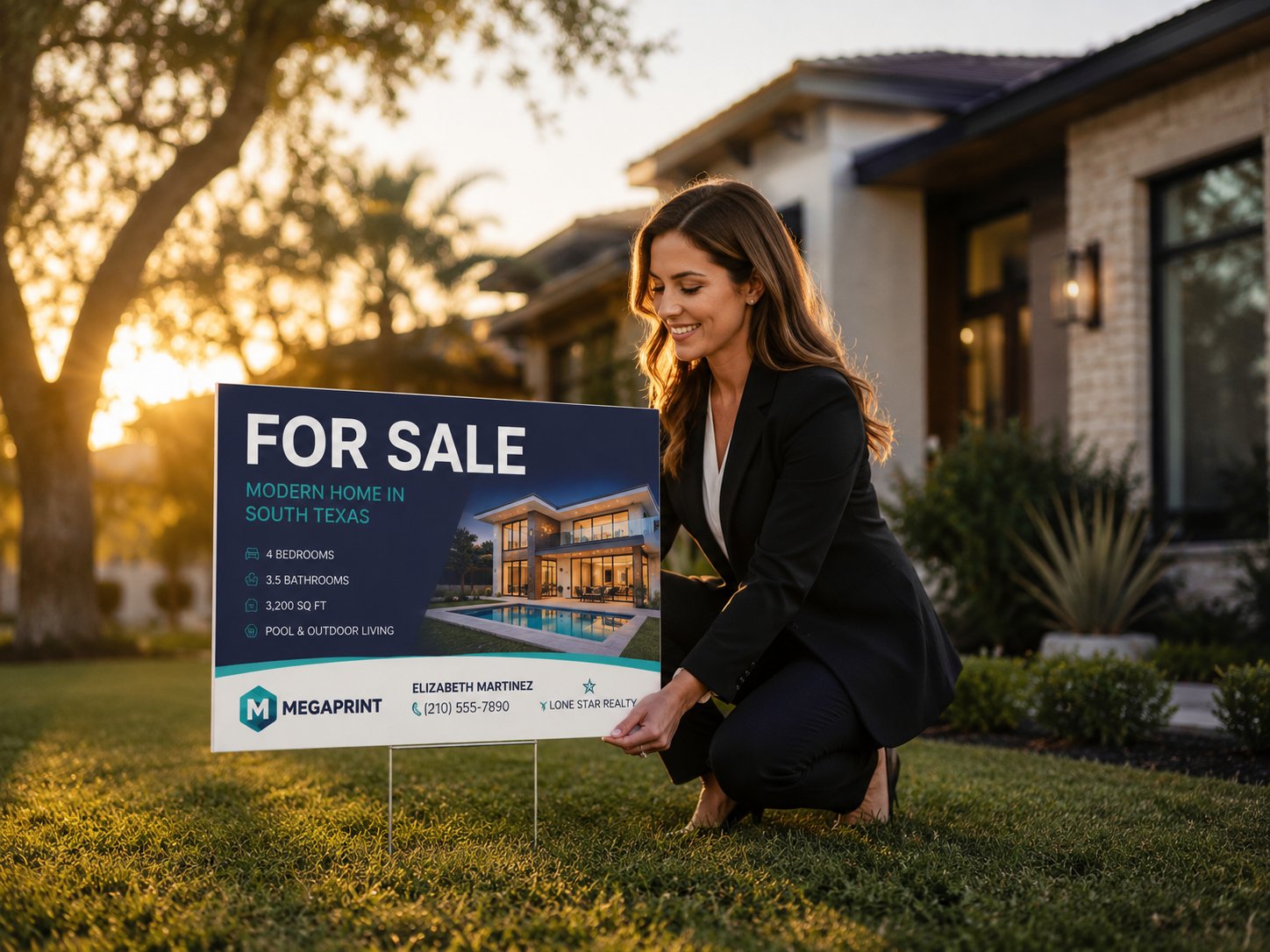 Real estate agent placing a custom UV printed coroplast for sale sign on a South Texas lawn at golden hour