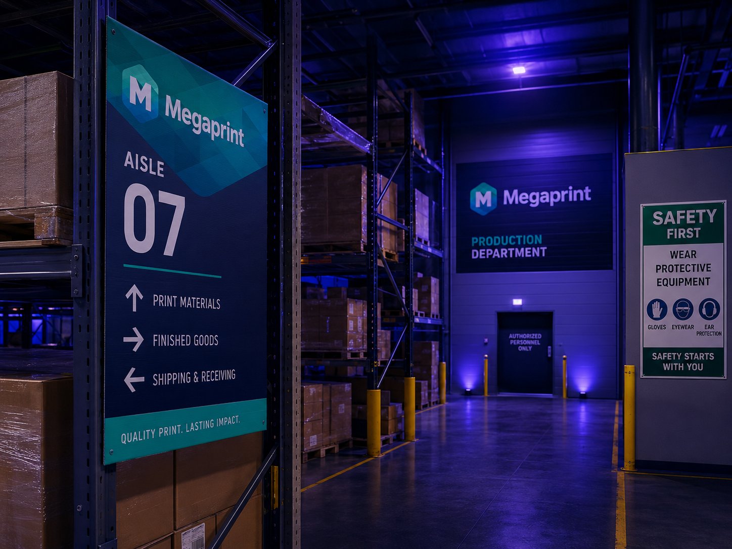 Warehouse interior with Megaprint directional coroplast signs