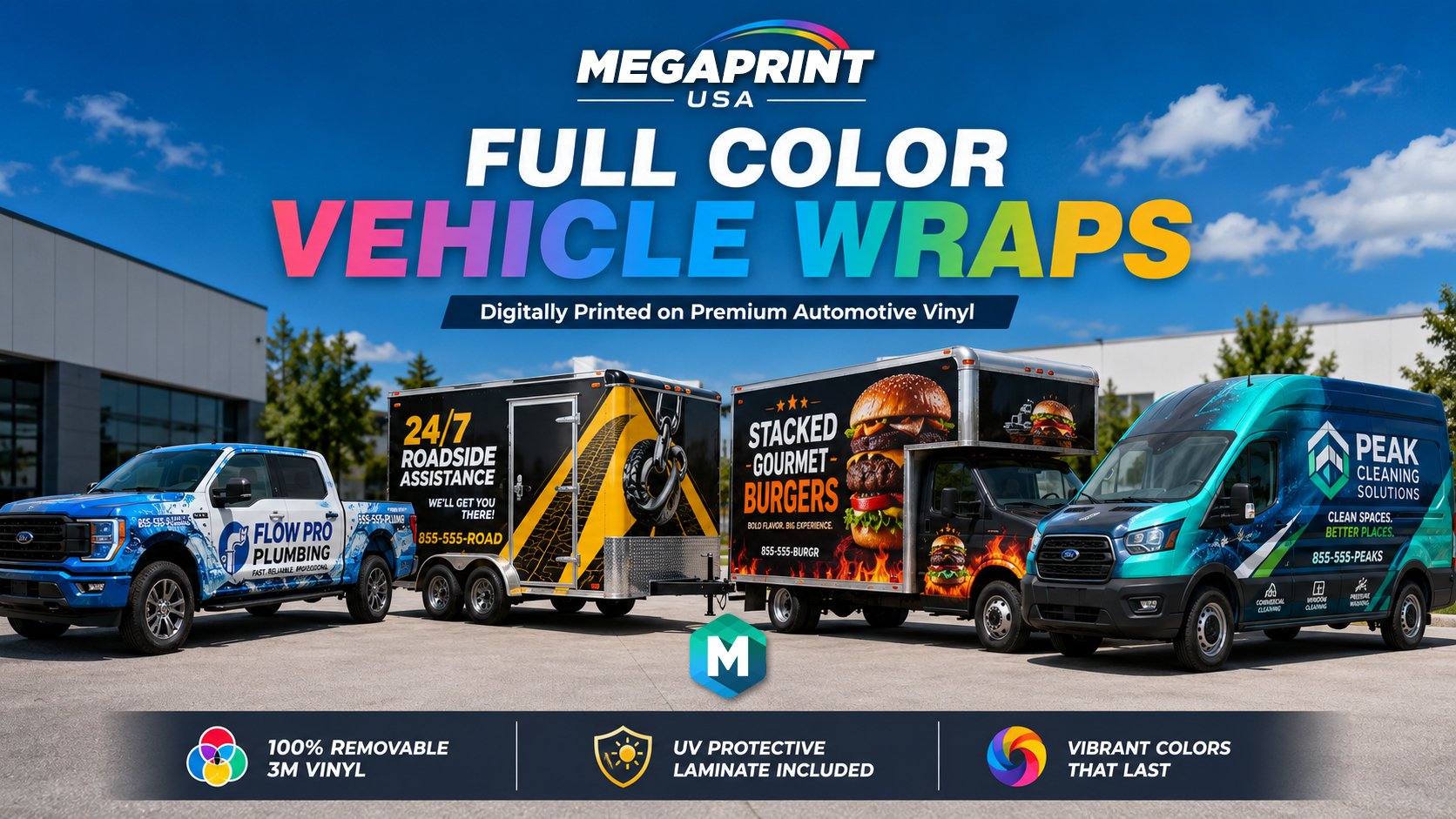 Megaprint USA full color vehicle wraps on truck, trailer, food truck, and van